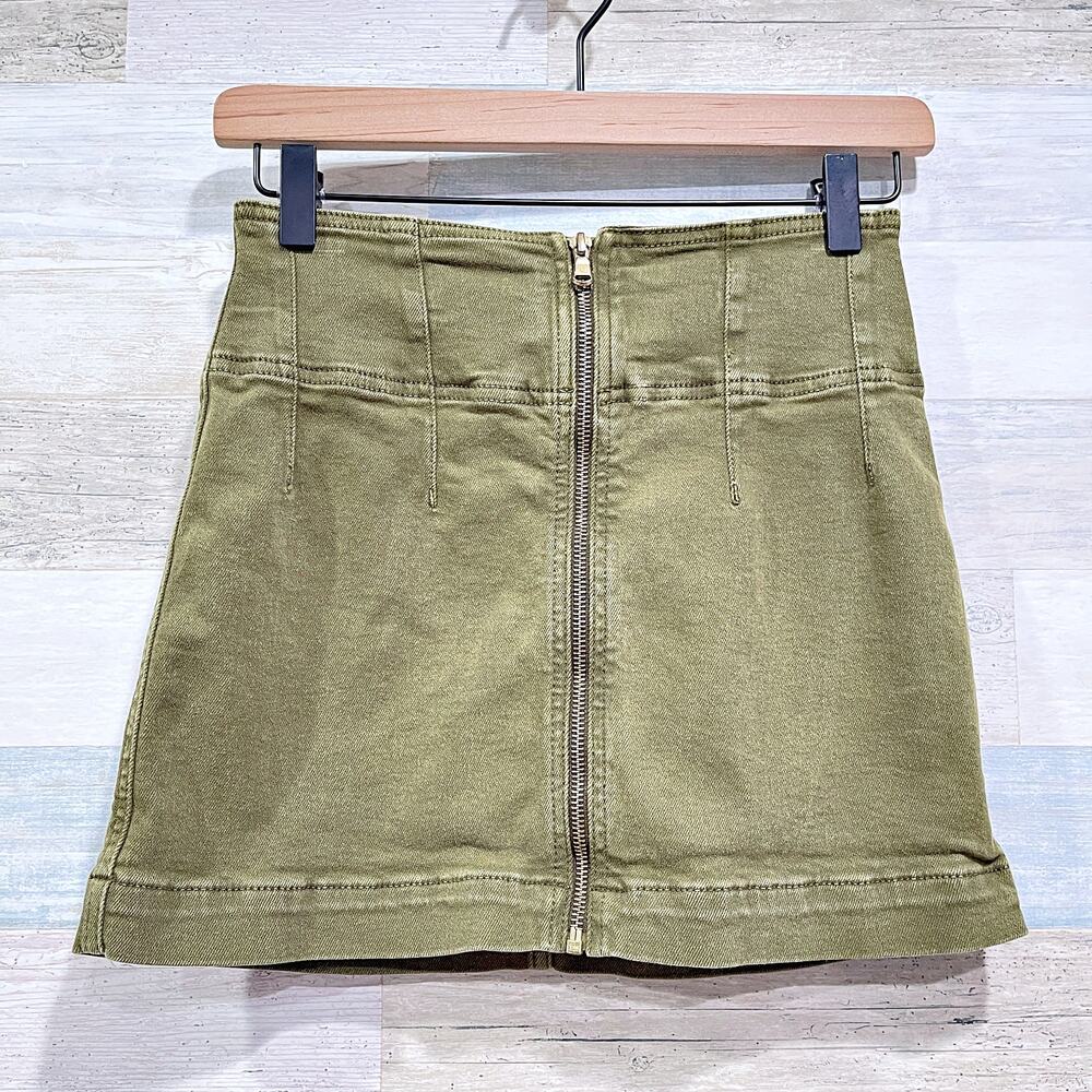Free People Virgo Zip Front Mini Skirt Cadet Green Cotton Stretch Womens 26